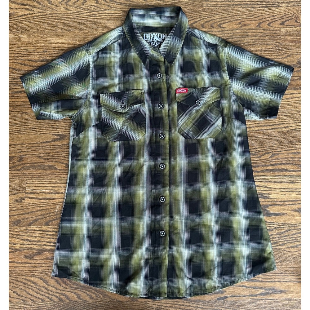 Dixxon Foxtrot Women's Medium Green Bamboo Blend Short Sleeve Plaid Shirt